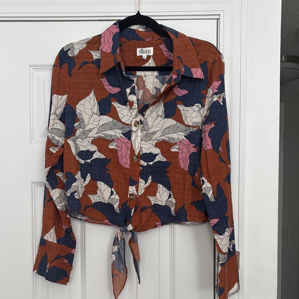 glam Boho Floral Tie-Front‎ Button Down Shirt